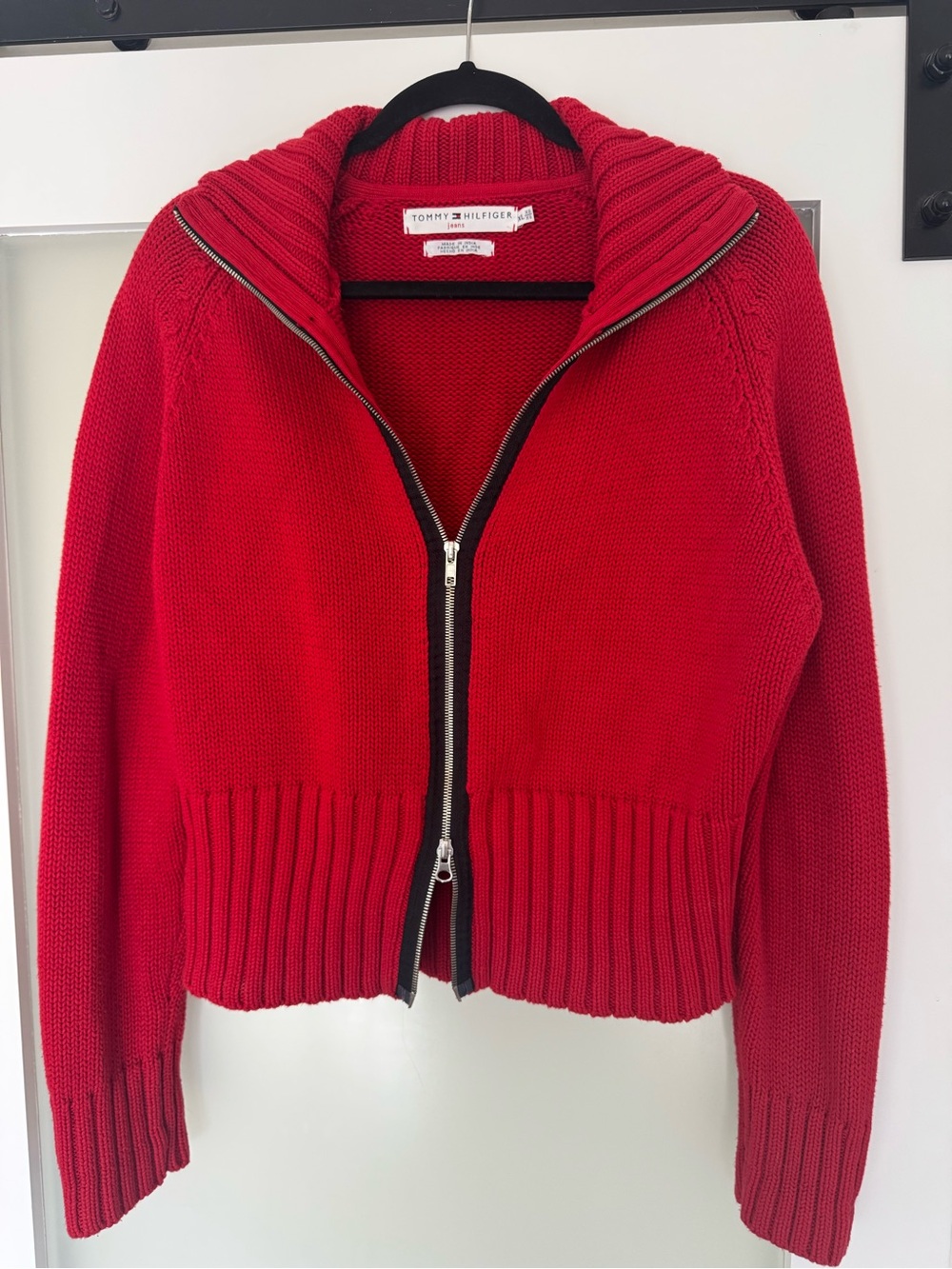 Tommy Hilfiger Bright Red Zip-Up Ribbed Sweater Cardigan - 100% Cotton